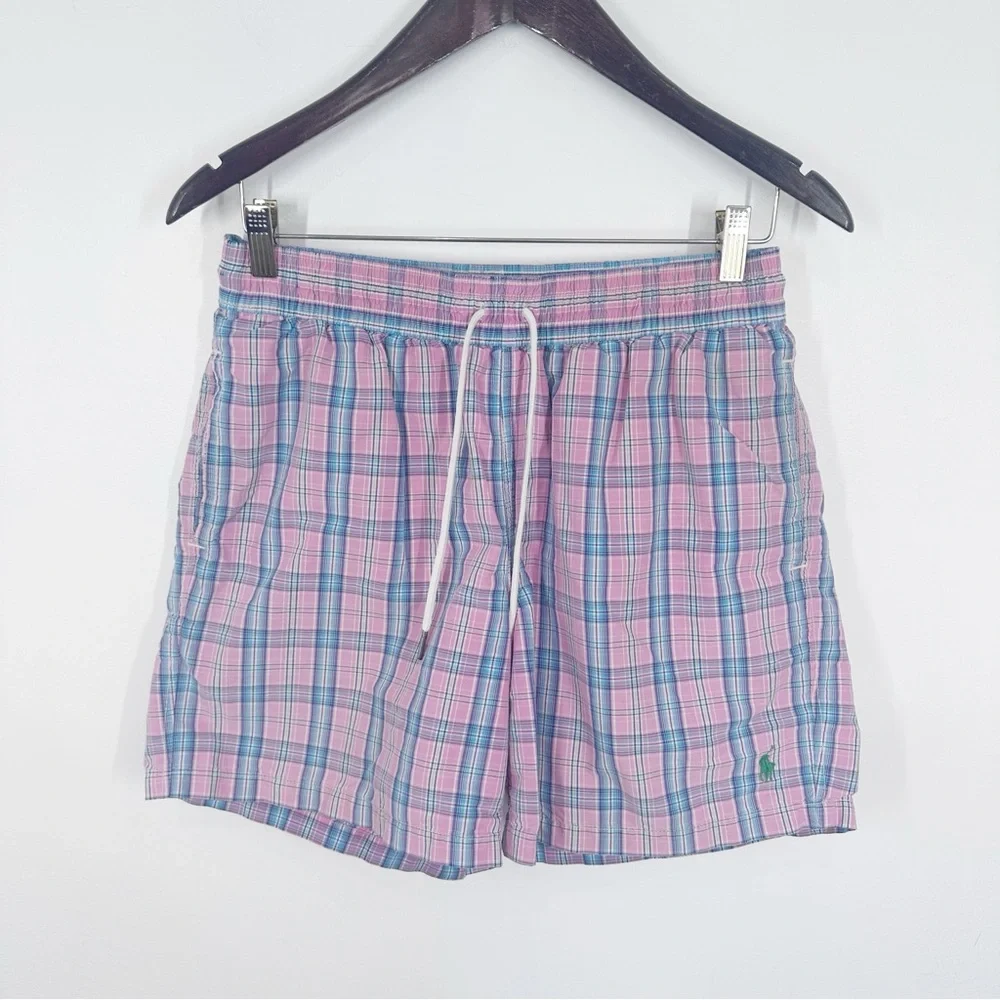 Mens' Vintage Polo Ralph Lauren Pink Plaid Swim Trunks Size Medium